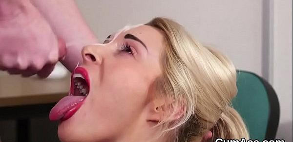  Sexy sex kitten gets cum shot on her face gulping all the cum